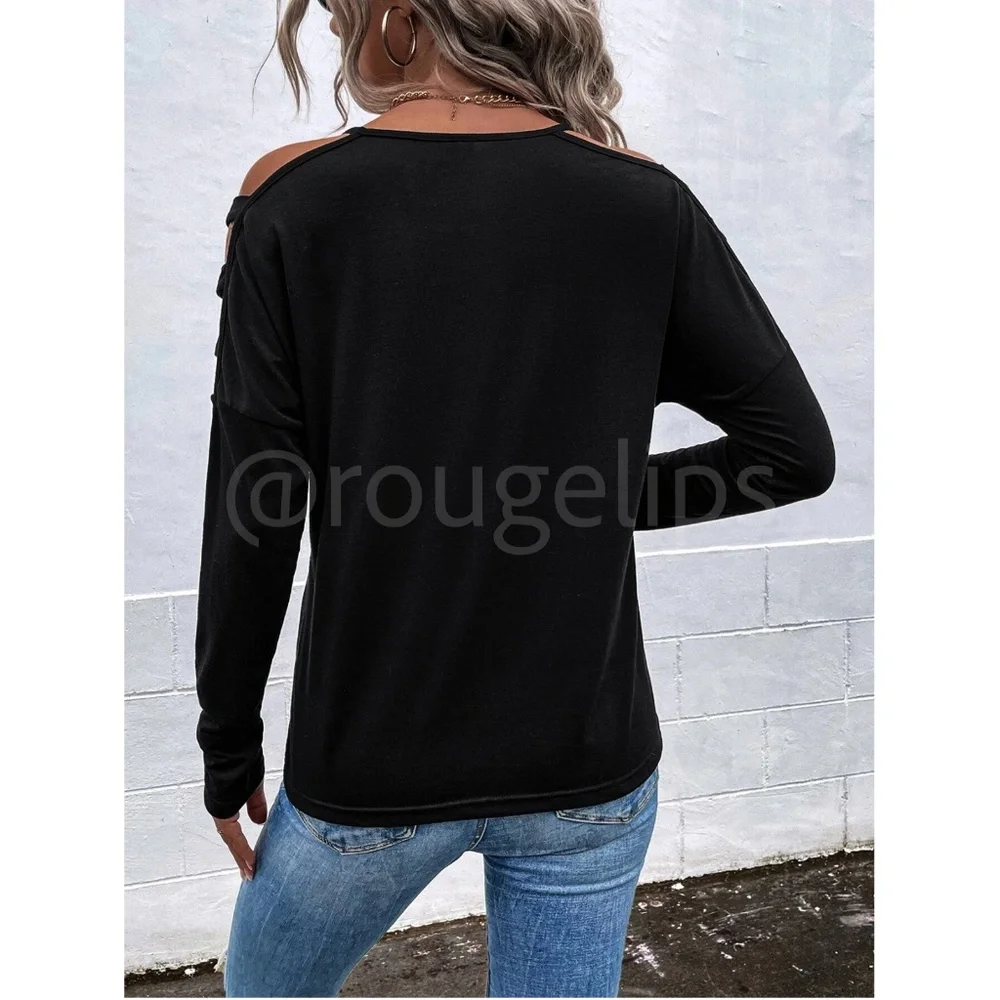 Strappy Cold Shoulder Black Long Sleeve Tee Shirt V-Neck - Picture 4 of 8